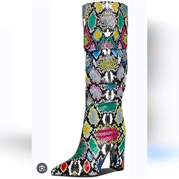 Wet Kiss Shoes - Wet Kiss Black and Green Knee High Heeled Boots Sleek Silhouette 7